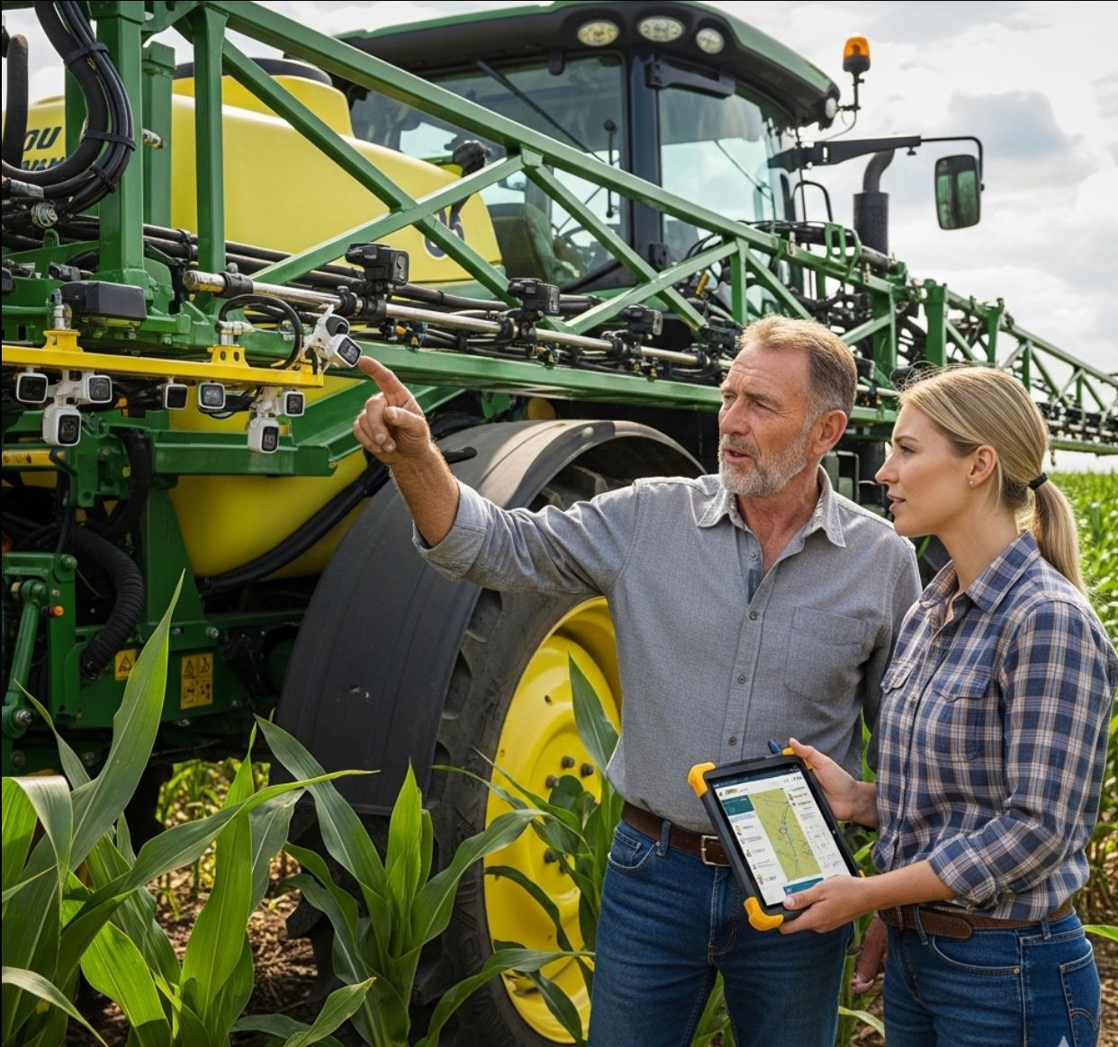 Farmer examining new technology
